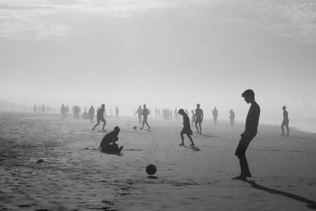 Football, ombres, brouillard, plage, casablanca